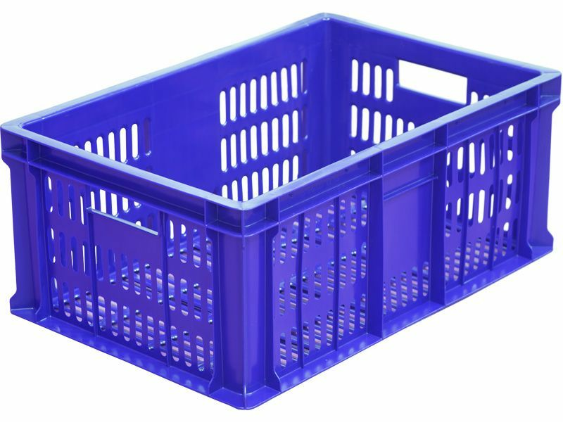 Ящик пищевой пластиковый п/э размером 600х400х250 мм 1,6 кг с перфорацией синий — C-201 с для хранения и перевозки колбасных изделий и мяса