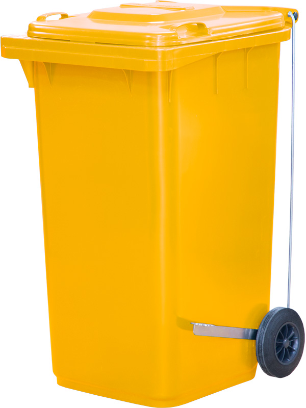 Мусорный контейнер п/э МКТ-240 желтый (ПГ) на 240 литров с педальным приводом Г-образным