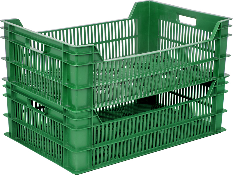 Ящик пищевой 106 размером 600х400х190 мм перфорированный зелёный используется в сельскохозяйственной и торговой сферах для хранения и выкладки овощей и фруктов